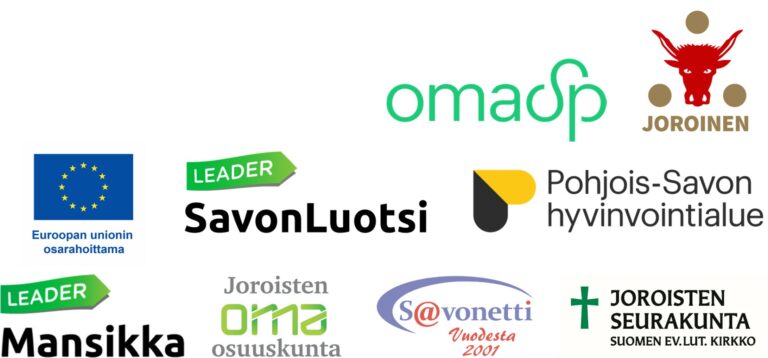 Logot: Joroisten kunta, Koti Joroisissa -hanke, Mansikka ry, Oma Sp Joroinen, Joroisten Oma osuuskunta, Joroisten seurakunta, Joroisten Eläkkeensaajat ry